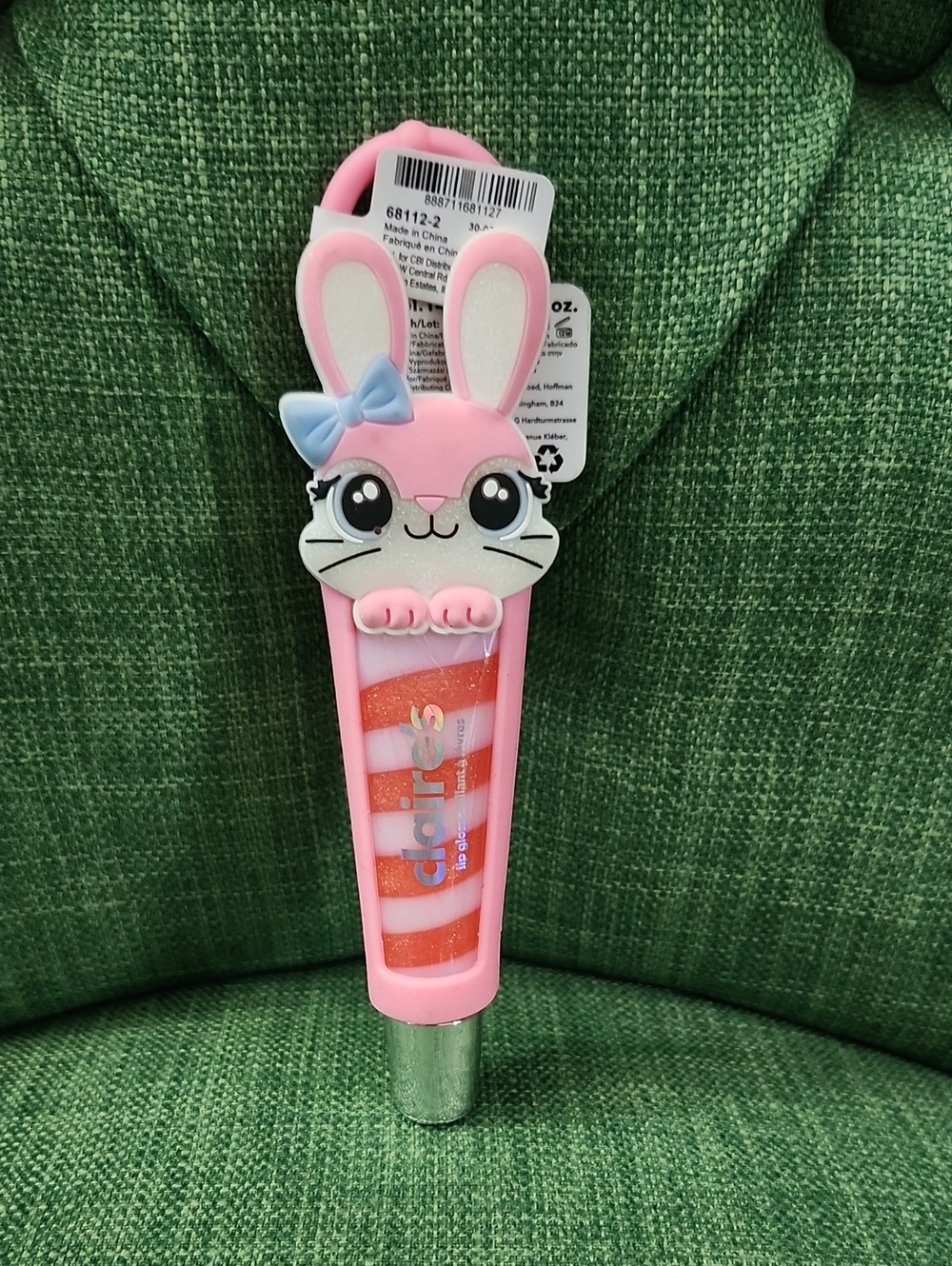 Claire's Pink Strawberry Cream Bunny Lip Gloss Tube with Blue Bow